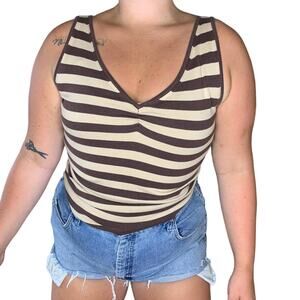 Vintage GAP Y2K Brown Beige Striped V Neckline Knit Tank Top Vanilla Girl Medium